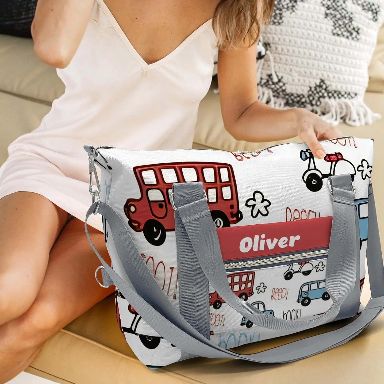 Custom Kids Duffel Overnight Dance Bag for Girls,Red Blue Beep Car Personalized Dance Duffle Bag for Women Girls Customized Kids Gifts