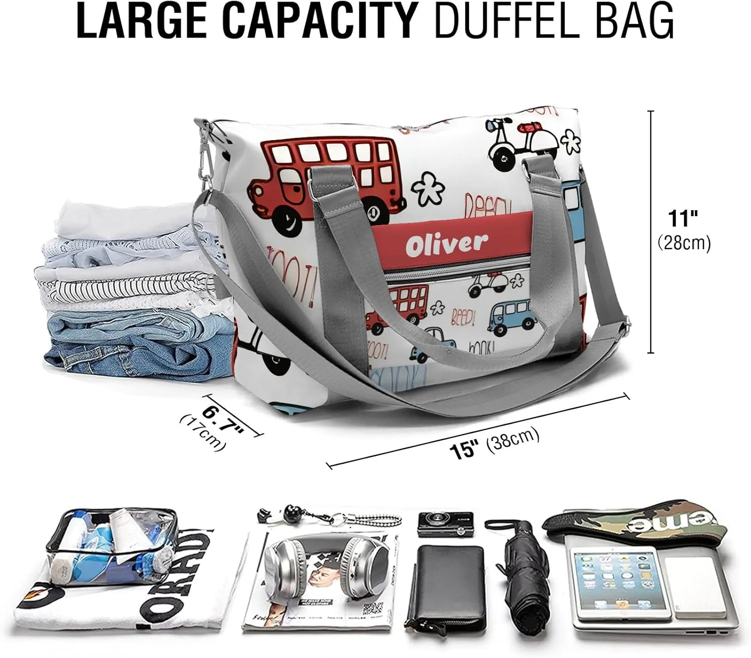 Custom Kids Duffel Overnight Dance Bag for Girls,Red Blue Beep Car Personalized Dance Duffle Bag for Women Girls Customized Kids Gifts