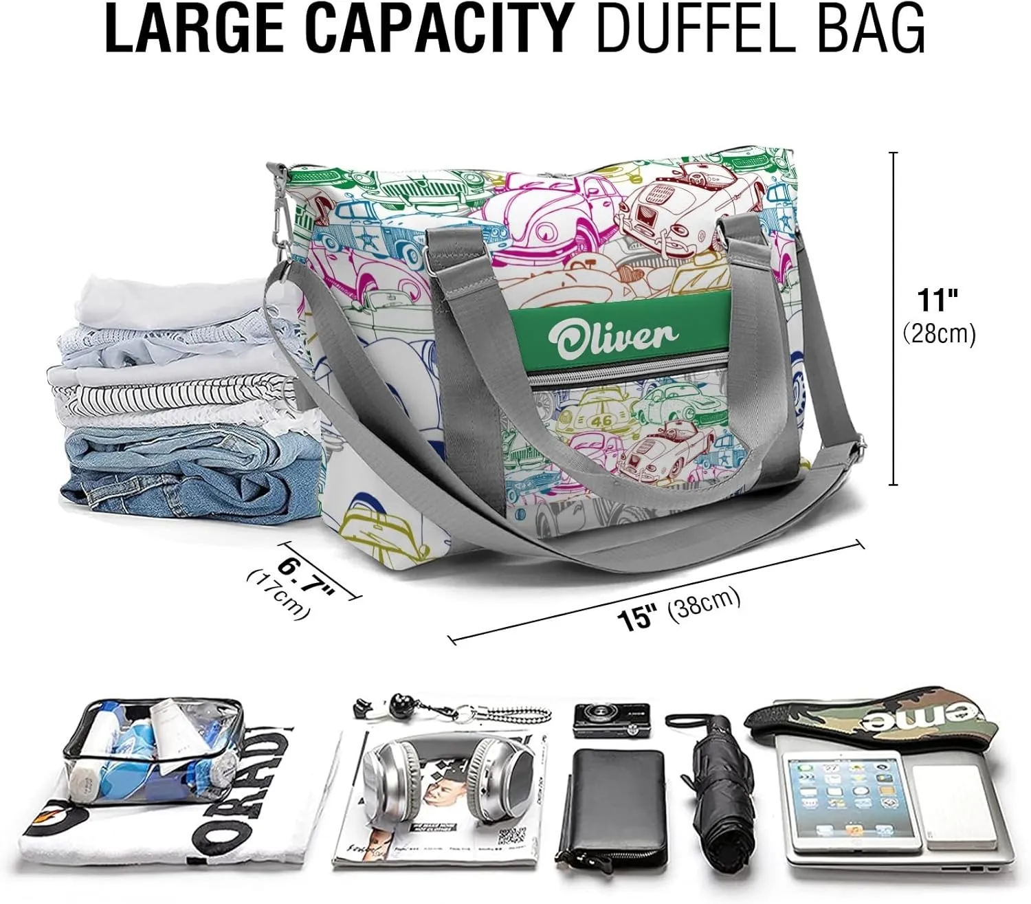 Custom Kids Duffel Overnight Dance Bag for Girls,Retro Car Collage Personalized Dance Duffle Bag for Women Girls Customized Kids Gifts