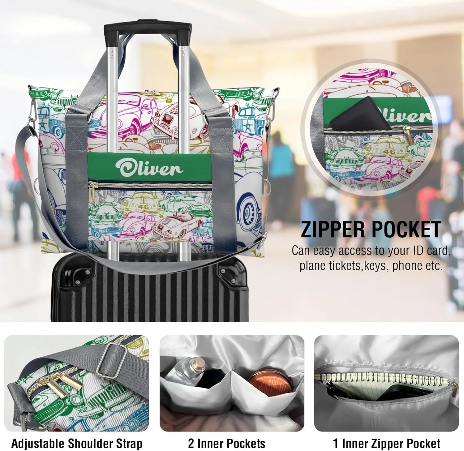 Custom Kids Duffel Overnight Dance Bag for Girls,Retro Car Collage Personalized Dance Duffle Bag for Women Girls Customized Kids Gifts