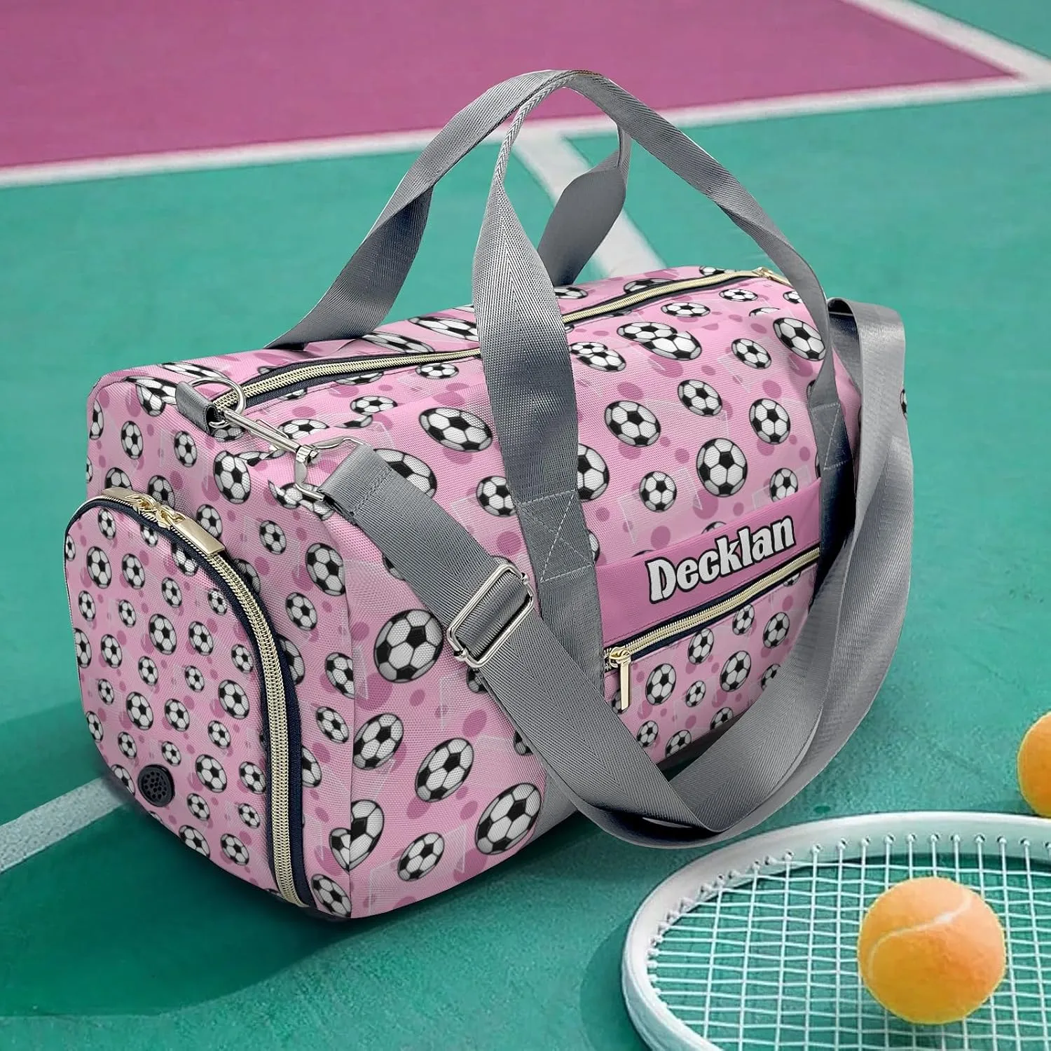 Custom Kids Duffel Overnight Dance Bag for Girls,Soccer Balls Goals Pink Personalized Dance Duffle Bag for Women Girls Customized Kids Gifts