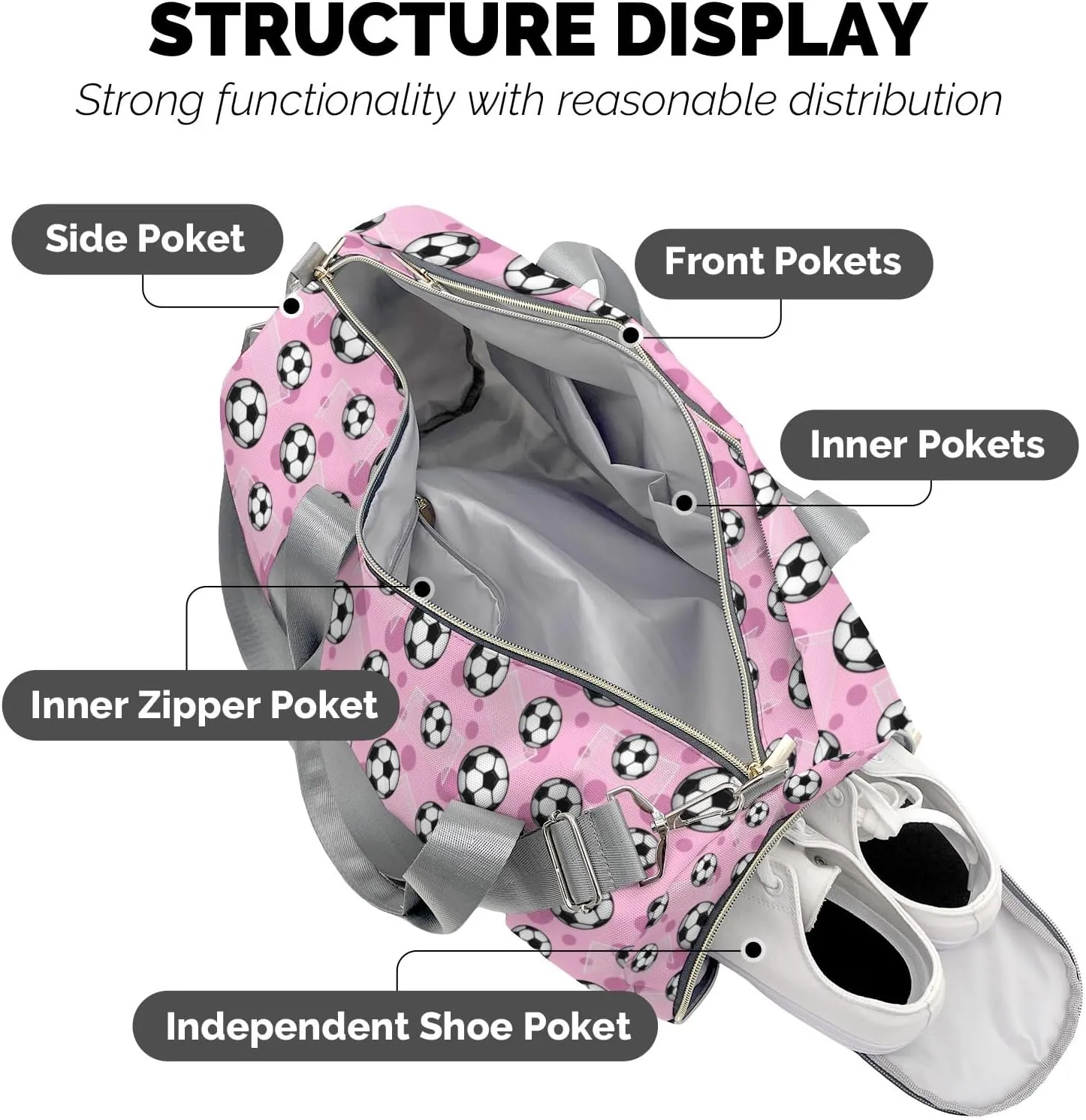 Custom Kids Duffel Overnight Dance Bag for Girls,Soccer Balls Goals Pink Personalized Dance Duffle Bag for Women Girls Customized Kids Gifts
