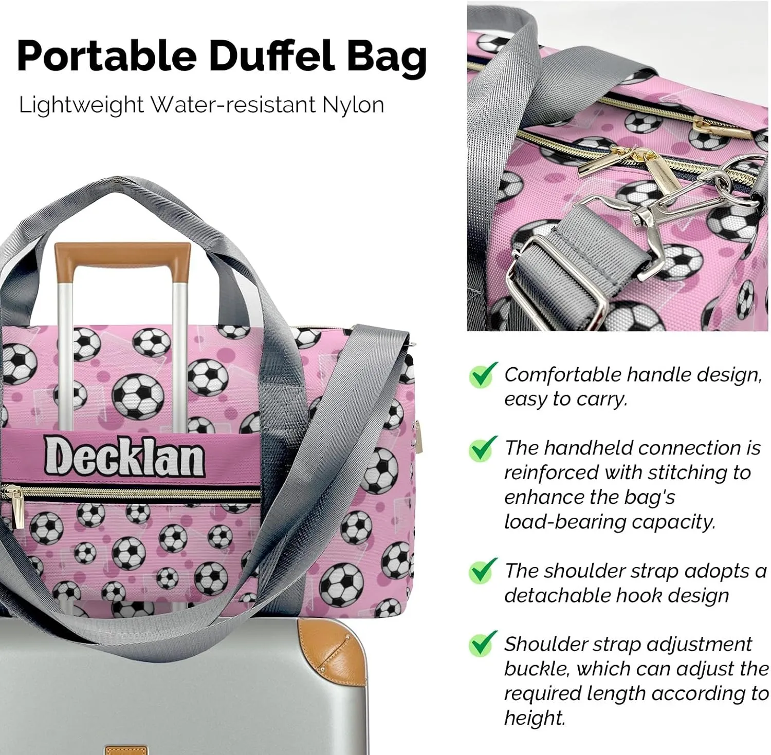 Custom Kids Duffel Overnight Dance Bag for Girls,Soccer Balls Goals Pink Personalized Dance Duffle Bag for Women Girls Customized Kids Gifts