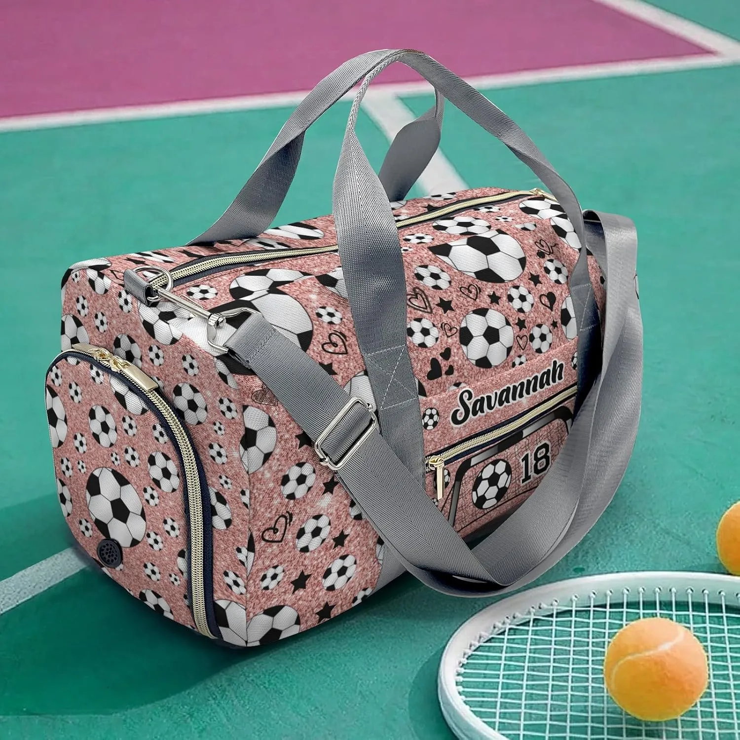 Custom Kids Duffel Overnight Dance Bag for Girls,Sport Soccer Balls Team Number Glitter Rose Personalized Dance Duffle Bag for Women Girls Customized Kids Gifts
