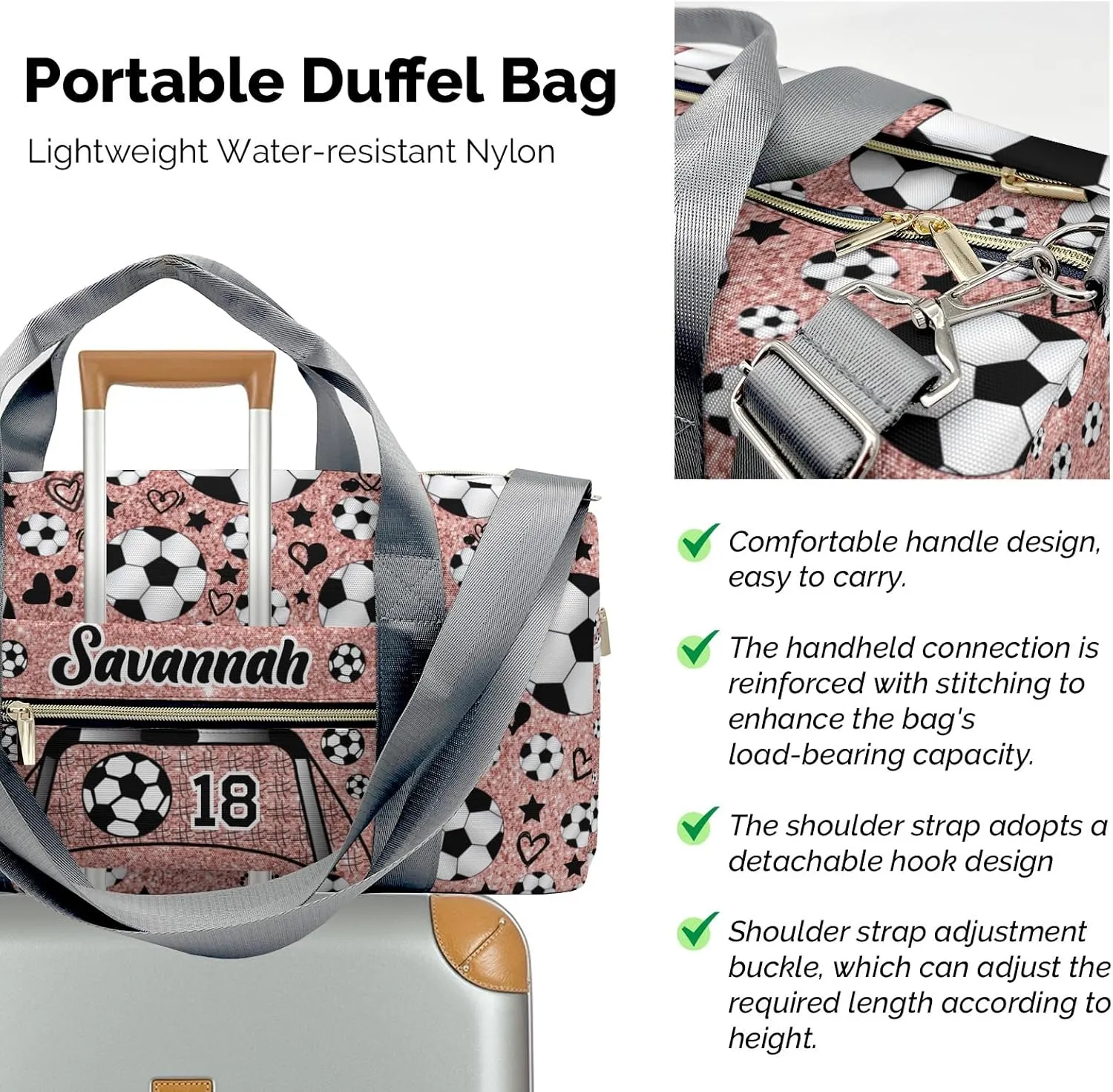 Custom Kids Duffel Overnight Dance Bag for Girls,Sport Soccer Balls Team Number Glitter Rose Personalized Dance Duffle Bag for Women Girls Customized Kids Gifts