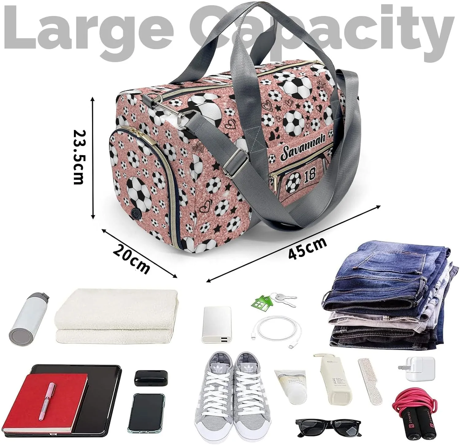 Custom Kids Duffel Overnight Dance Bag for Girls,Sport Soccer Balls Team Number Glitter Rose Personalized Dance Duffle Bag for Women Girls Customized Kids Gifts