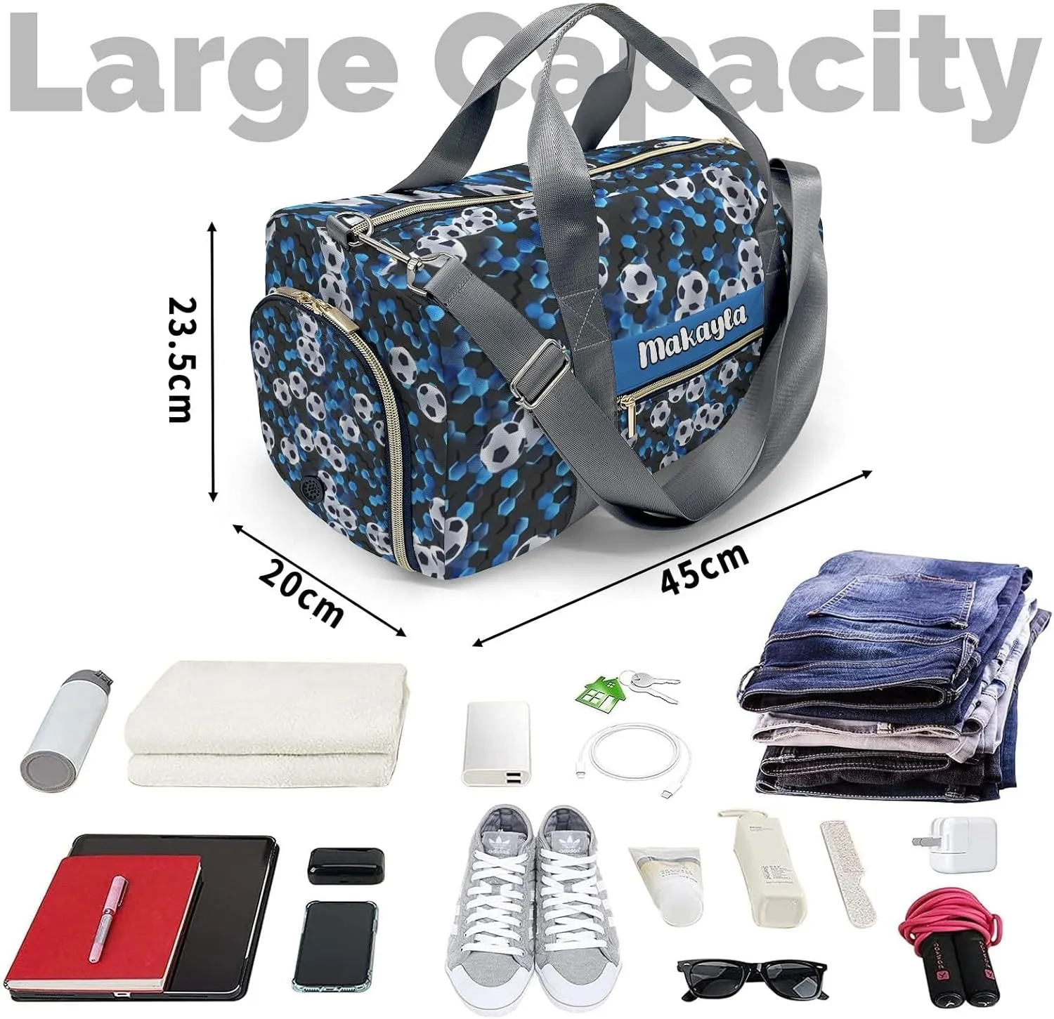 Custom Kids Football Soccer Print Duffel Overnight Dance Bag for Girls Personalized Dance Duffle Bag for Women Girls Customized Kids Gifts