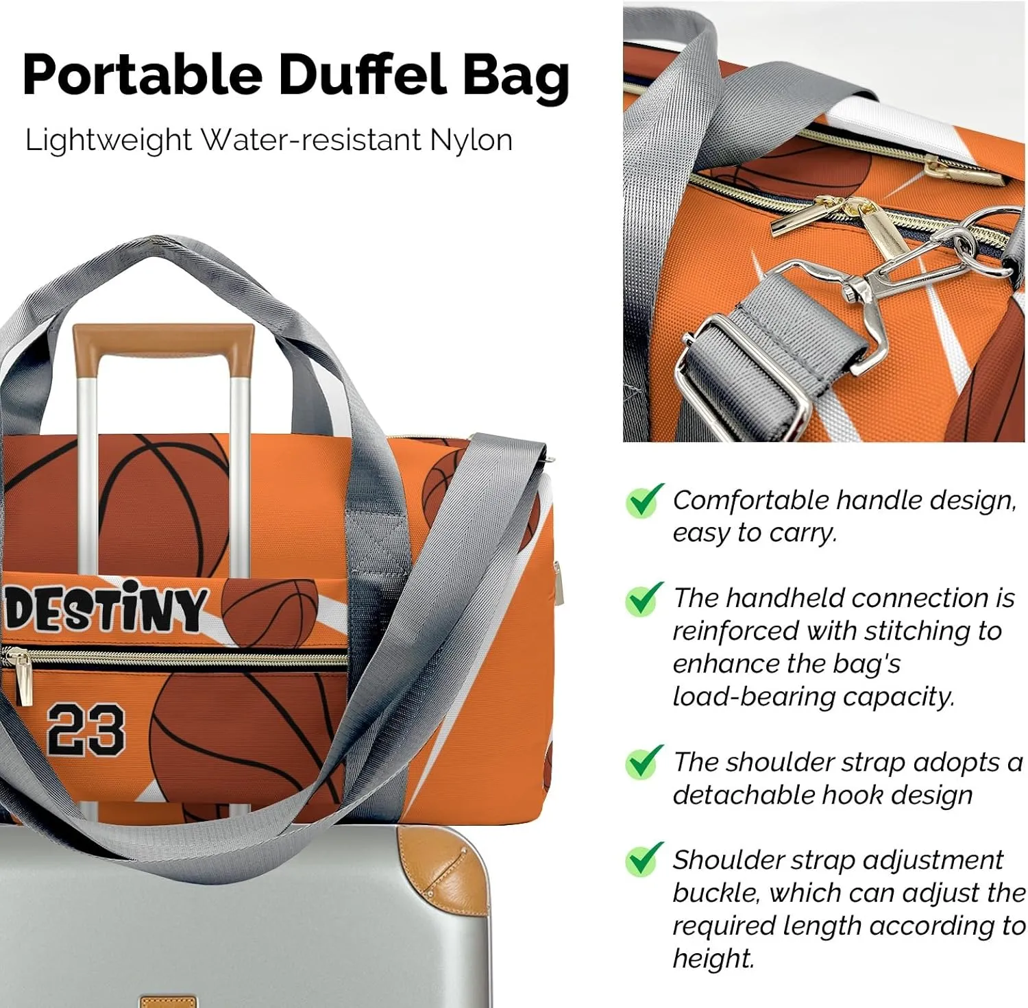 Custom Kids Number Sport Basketball Player Team Orange Duffel Overnight Dance Bag for Girls Personalized Dance Duffle Bag for Women Girls Customized Kids Gifts