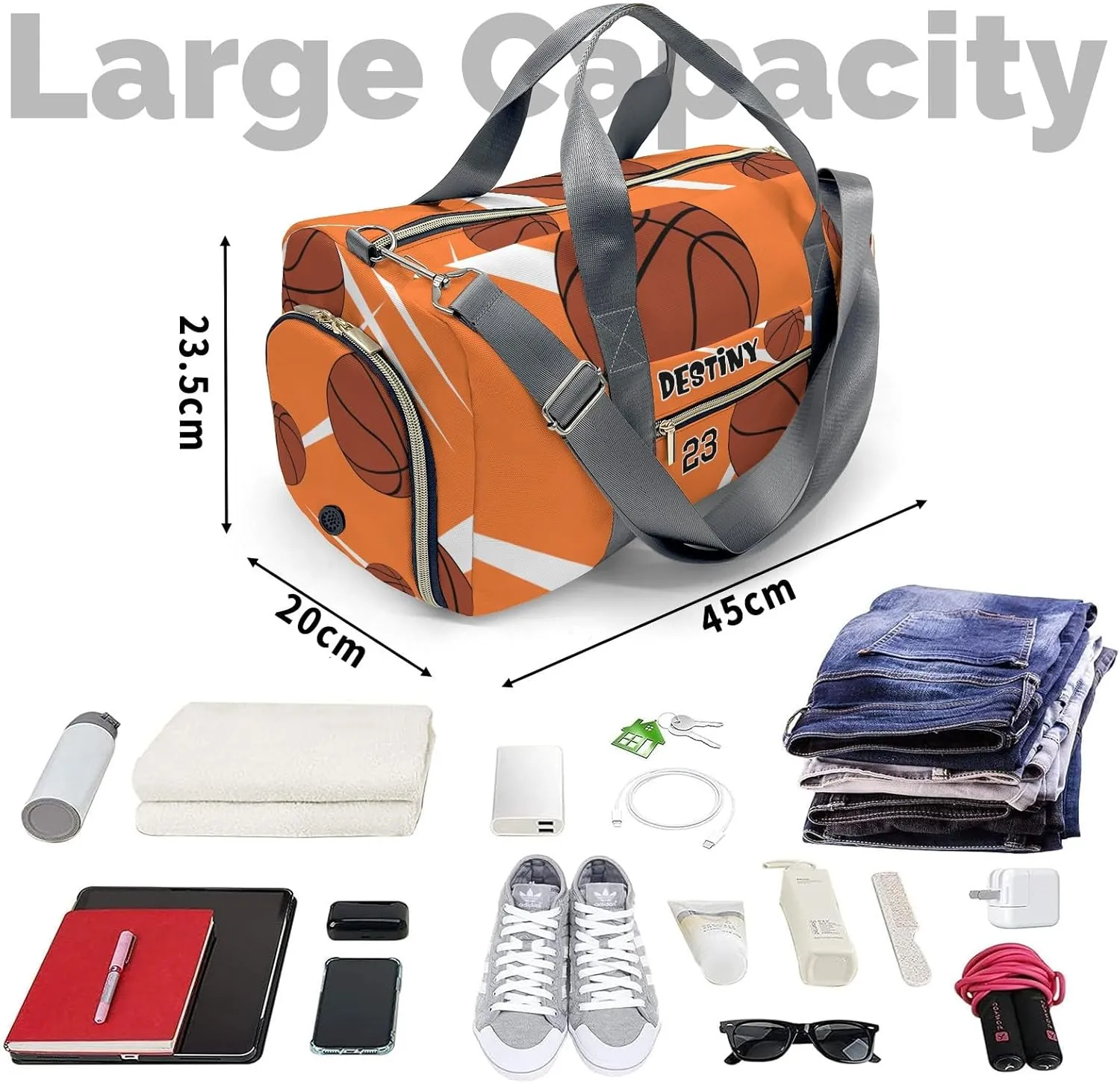 Custom Kids Number Sport Basketball Player Team Orange Duffel Overnight Dance Bag for Girls Personalized Dance Duffle Bag for Women Girls Customized Kids Gifts
