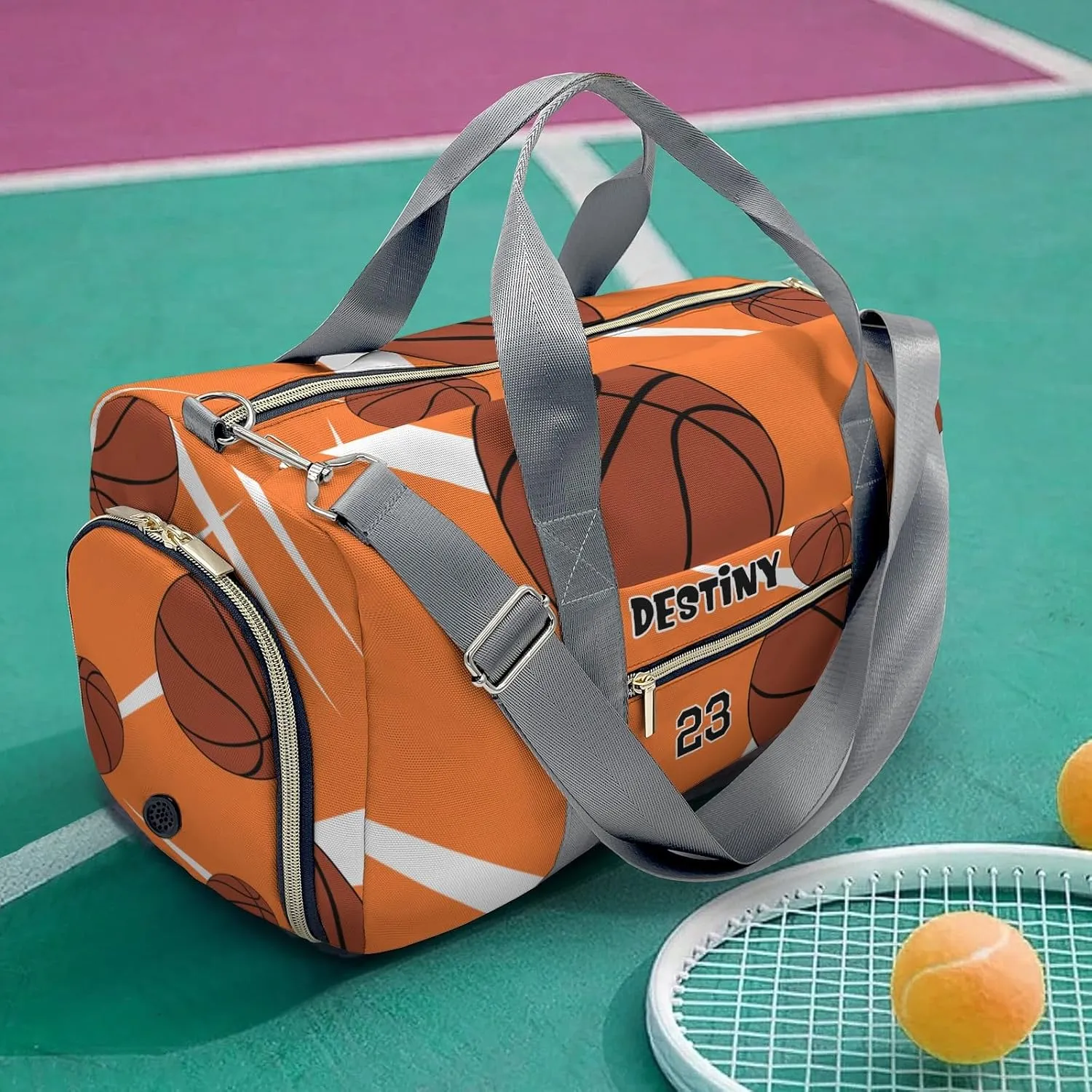 Custom Kids Number Sport Basketball Player Team Orange Duffel Overnight Dance Bag for Girls Personalized Dance Duffle Bag for Women Girls Customized Kids Gifts