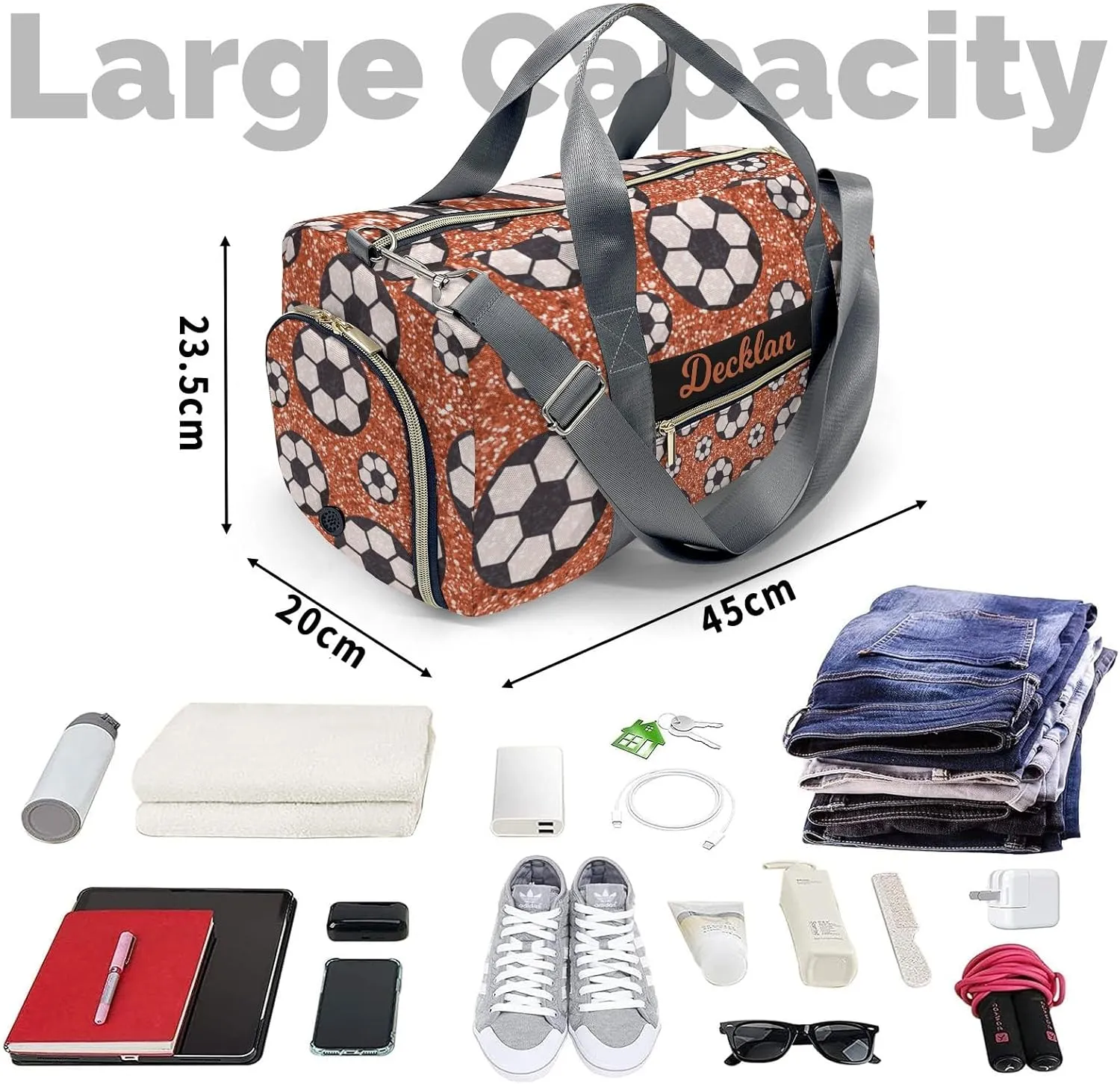 Custom Kids Orange Gliiter Print Sport Ball Soccer Duffel Overnight Dance Bag for Girls Personalized Dance Duffle Bag for Women Girls Customized Kids Gifts
