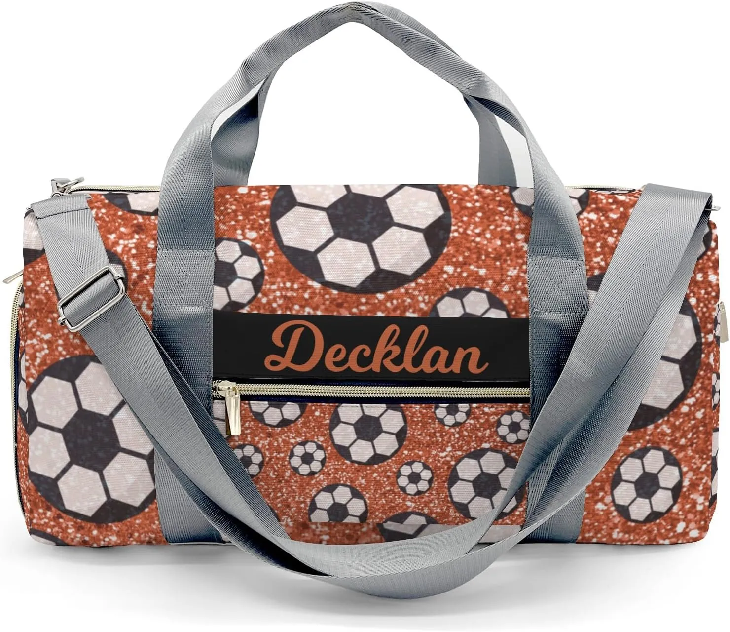 Custom Kids Orange Gliiter Print Sport Ball Soccer Duffel Overnight Dance Bag for Girls Personalized Dance Duffle Bag for Women Girls Customized Kids Gifts