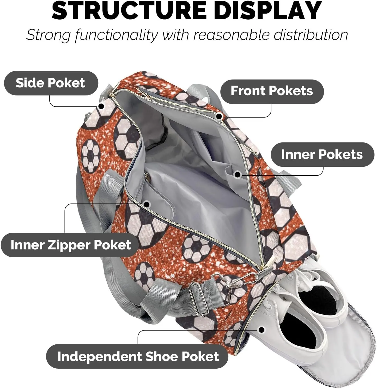 Custom Kids Orange Gliiter Print Sport Ball Soccer Duffel Overnight Dance Bag for Girls Personalized Dance Duffle Bag for Women Girls Customized Kids Gifts