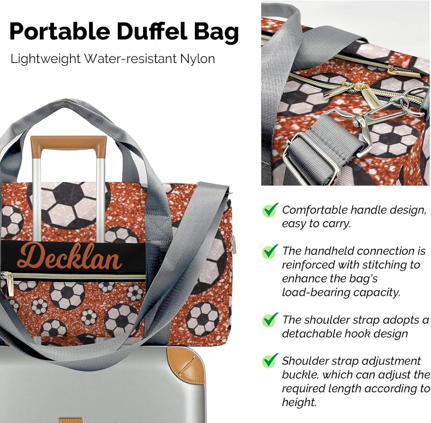 Custom Kids Orange Gliiter Print Sport Ball Soccer Duffel Overnight Dance Bag for Girls Personalized Dance Duffle Bag for Women Girls Customized Kids Gifts