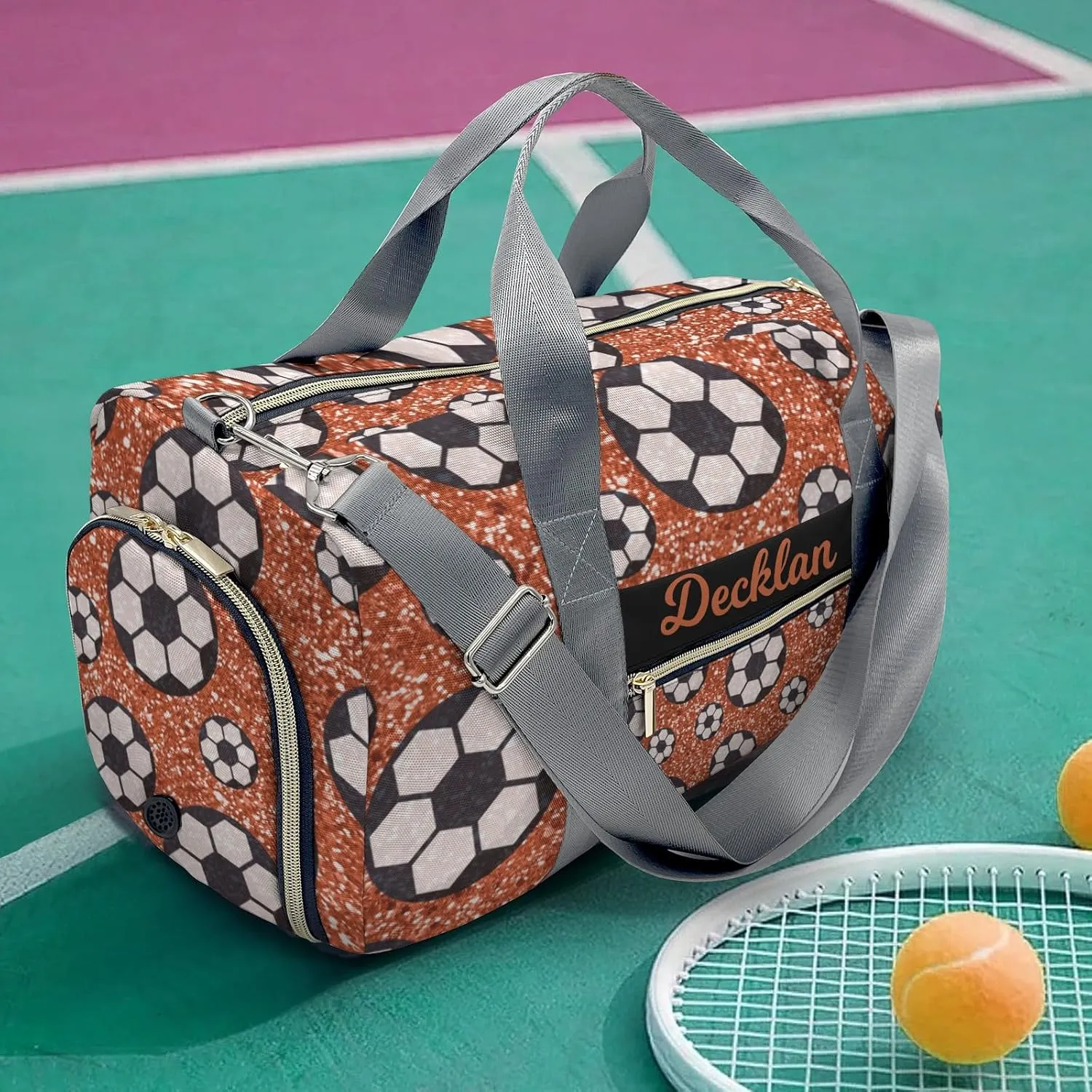 Custom Kids Orange Gliiter Print Sport Ball Soccer Duffel Overnight Dance Bag for Girls Personalized Dance Duffle Bag for Women Girls Customized Kids Gifts