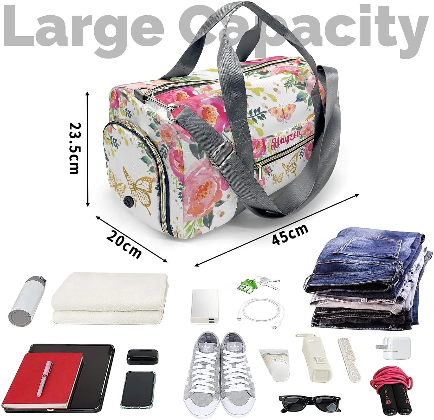 Custom Kids Pink Gold Butterfly Floral Duffel Overnight Dance Bag for Girls Personalized Dance Duffle Bag for Women Girls Customized Kids Gifts