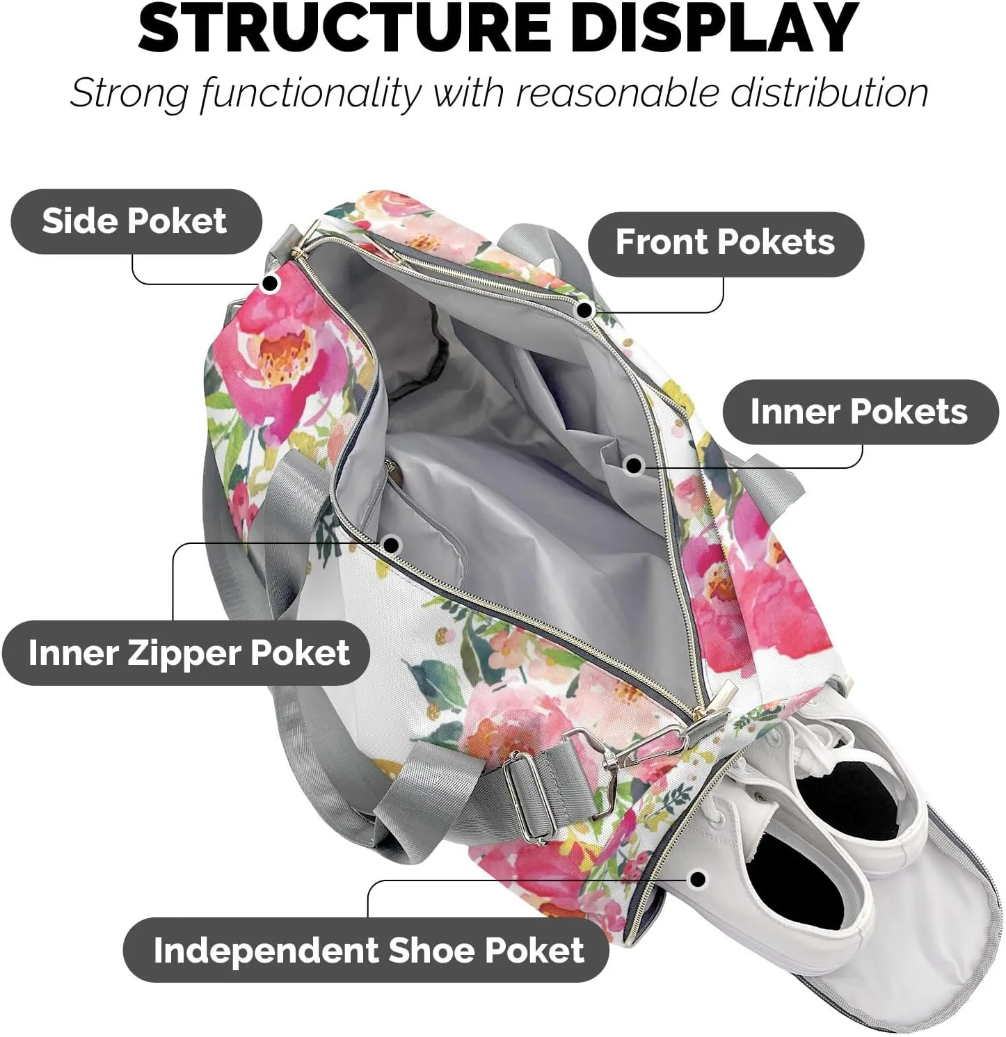 Custom Kids Pink Gold Butterfly Floral Duffel Overnight Dance Bag for Girls Personalized Dance Duffle Bag for Women Girls Customized Kids Gifts
