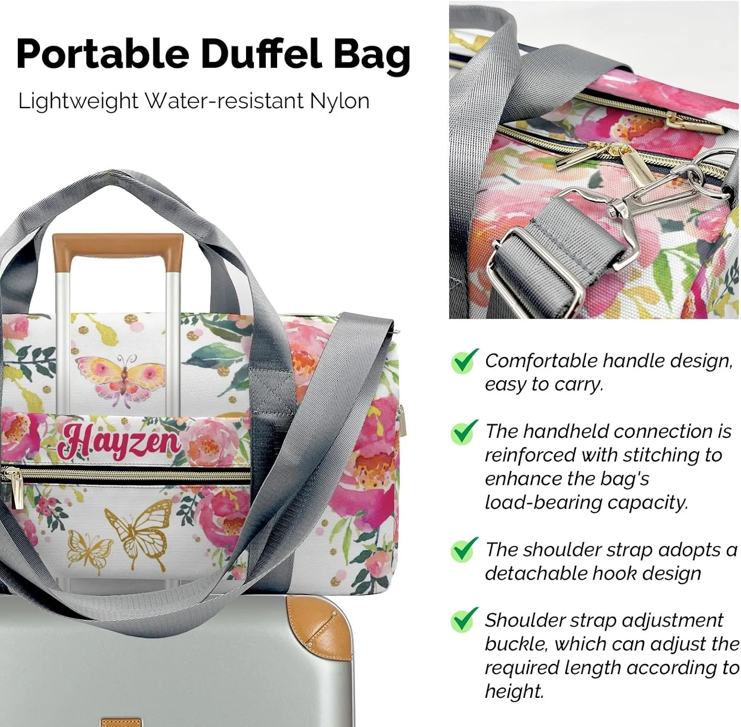 Custom Kids Pink Gold Butterfly Floral Duffel Overnight Dance Bag for Girls Personalized Dance Duffle Bag for Women Girls Customized Kids Gifts