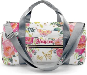 Custom Kids Pink Gold Butterfly Floral Duffel Overnight Dance Bag for Girls Personalized Dance Duffle Bag for Women Girls Customized Kids Gifts