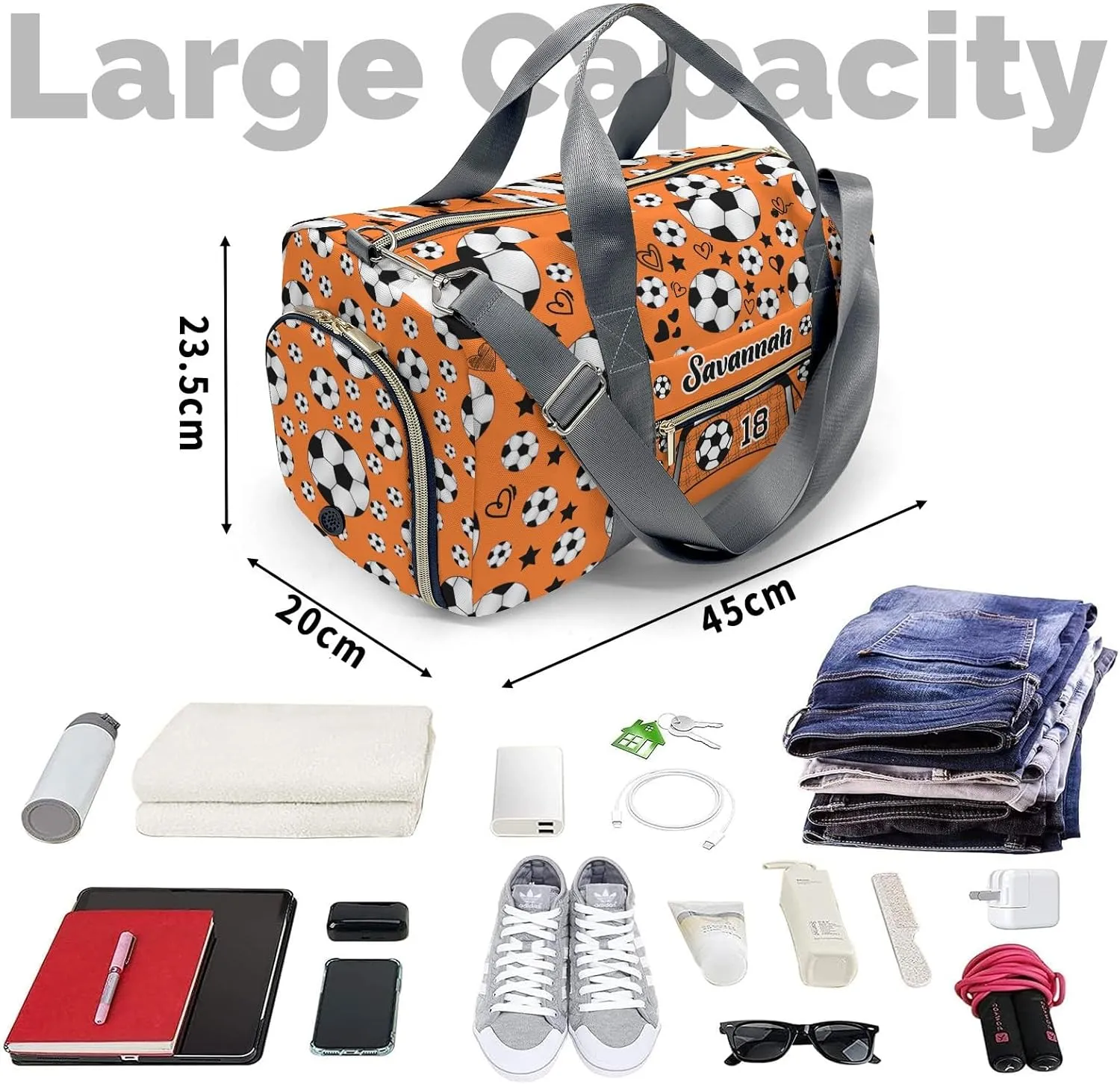 Custom Kids Sport Soccer Balls Team Number Orange Duffel Overnight Dance Bag for Girls Personalized Dance Duffle Bag for Women Girls Customized Kids Gifts