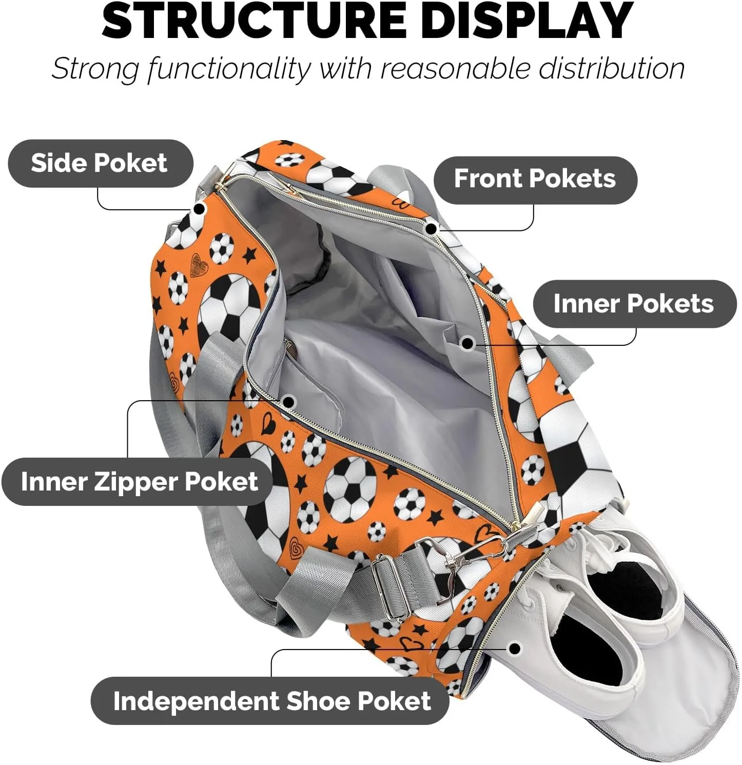 Custom Kids Sport Soccer Balls Team Number Orange Duffel Overnight Dance Bag for Girls Personalized Dance Duffle Bag for Women Girls Customized Kids Gifts