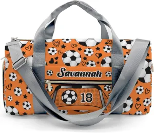 Custom Kids Sport Soccer Balls Team Number Orange Duffel Overnight Dance Bag for Girls Personalized Dance Duffle Bag for Women Girls Customized Kids Gifts