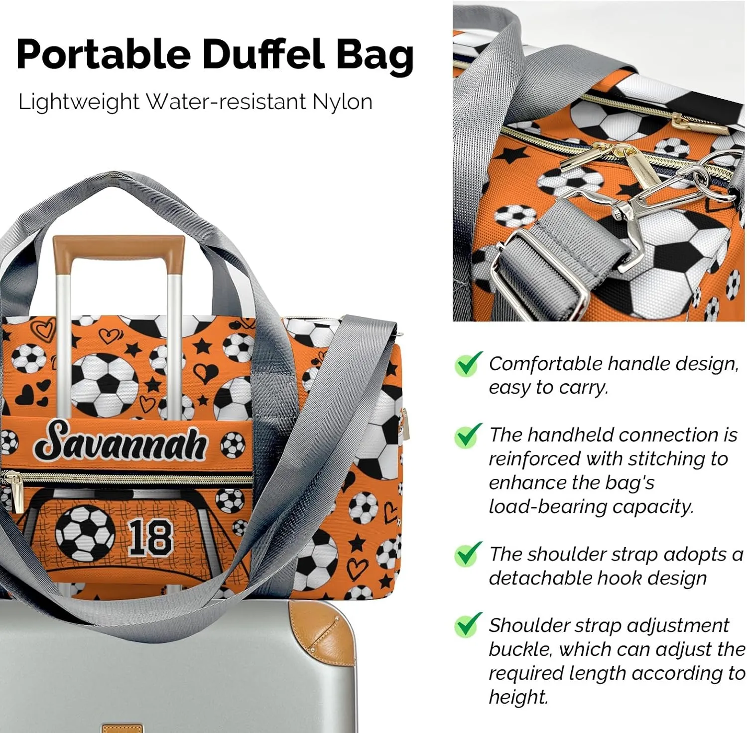 Custom Kids Sport Soccer Balls Team Number Orange Duffel Overnight Dance Bag for Girls Personalized Dance Duffle Bag for Women Girls Customized Kids Gifts