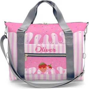 Custom Kids Strawberry Drips Stripes Pink Duffel Overnight Dance Bag for Girls Personalized Dance Duffle Bag for Women Girls Customized Kids Gifts