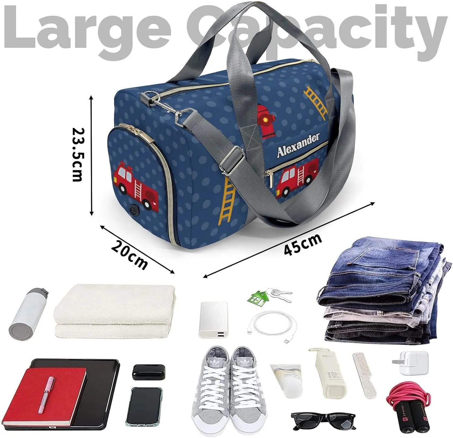 Custom MultiFunction Blue Dots Fire Equipment Truck Gym Duffel Bag – Travel Bag for Women and Men,Sports Gym Bag,Overnight Bag,Travel Tote Bags for Sports Workout