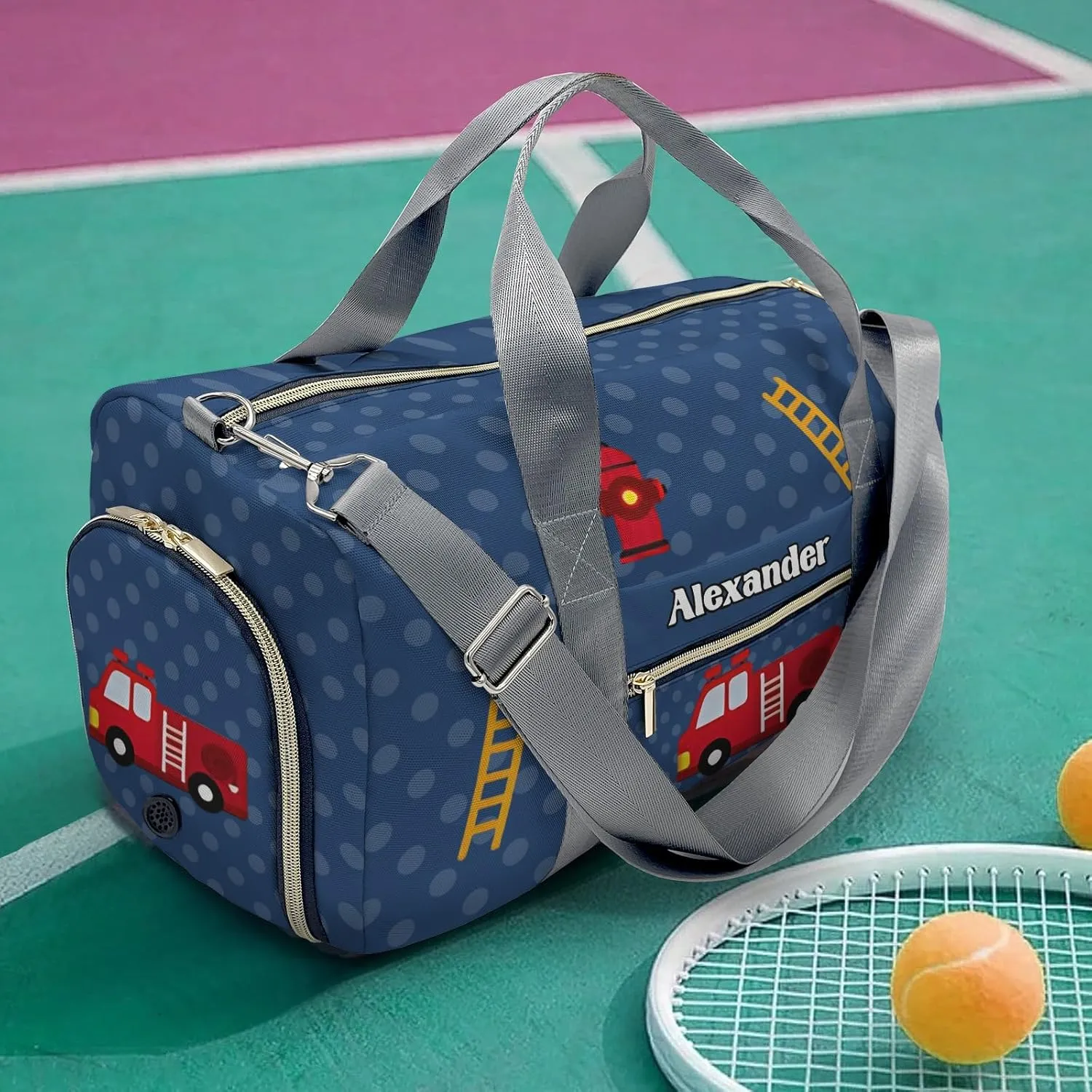 Custom MultiFunction Blue Dots Fire Equipment Truck Gym Duffel Bag – Travel Bag for Women and Men,Sports Gym Bag,Overnight Bag,Travel Tote Bags for Sports Workout