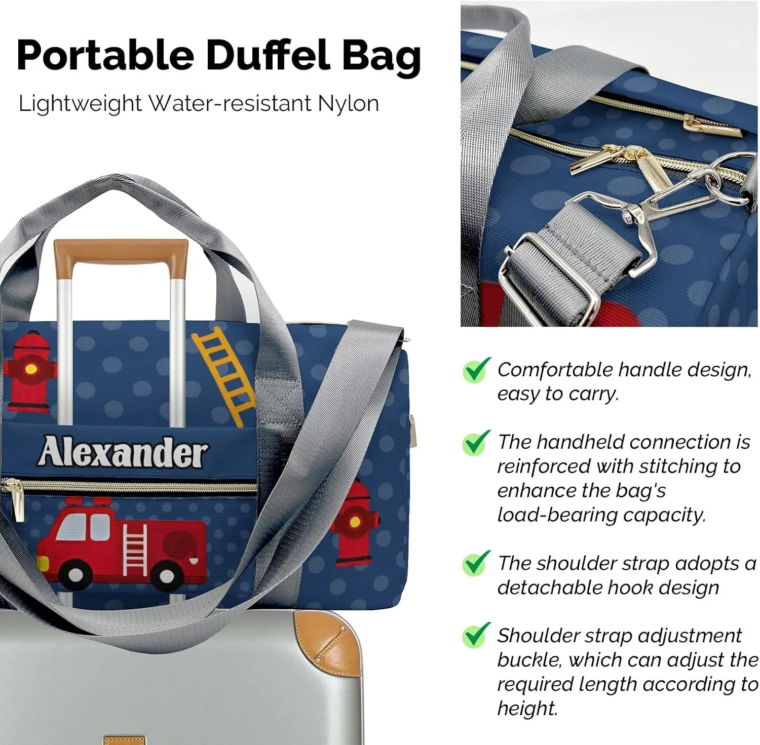Custom MultiFunction Blue Dots Fire Equipment Truck Gym Duffel Bag – Travel Bag for Women and Men,Sports Gym Bag,Overnight Bag,Travel Tote Bags for Sports Workout