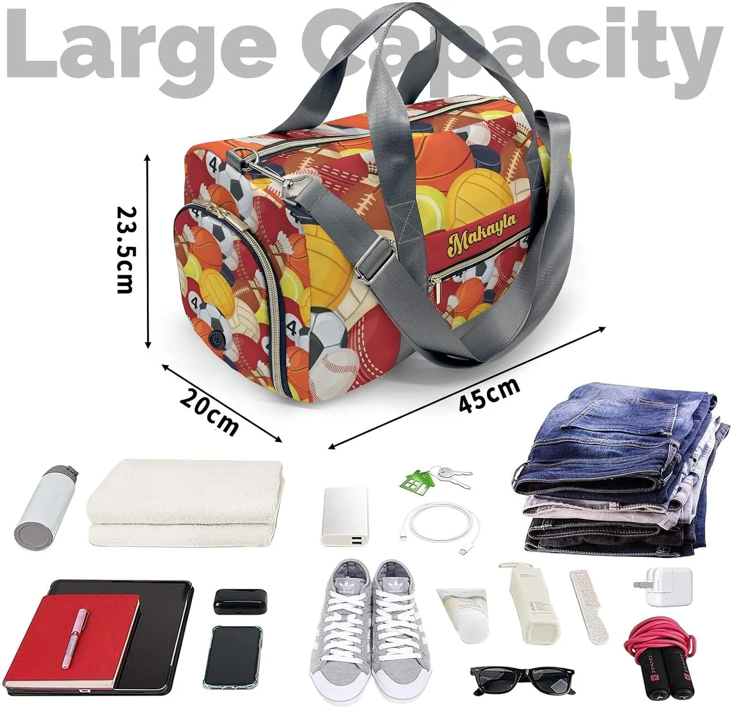 Custom MultiFunction Duffel Bag Sport Balls Sports Gym Bags Travel Weekender Overnight Bag for Girls Boys,Personalized Gymnastics Sleepover Bag Work Out Bags