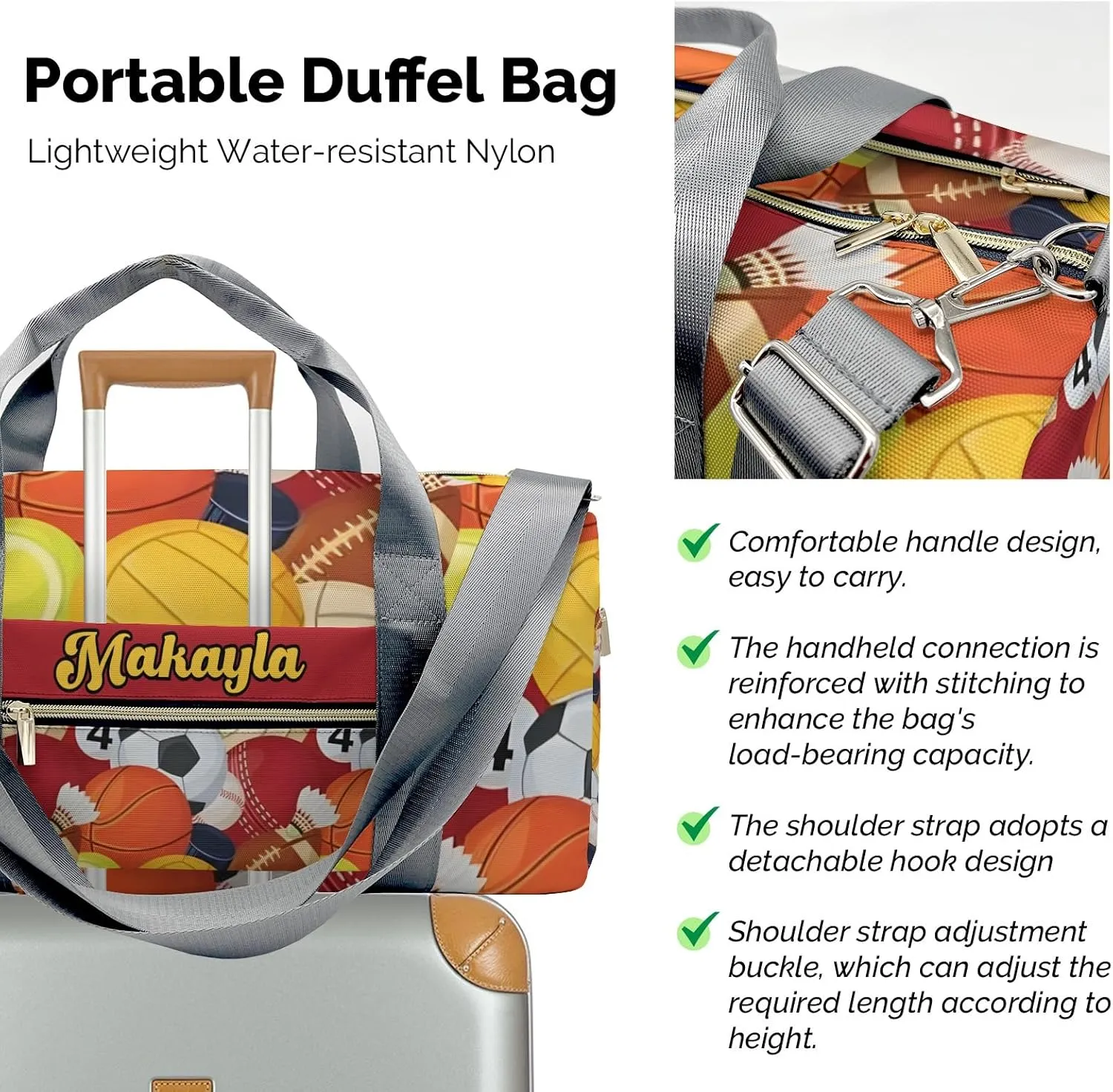 Custom MultiFunction Duffel Bag Sport Balls Sports Gym Bags Travel Weekender Overnight Bag for Girls Boys,Personalized Gymnastics Sleepover Bag Work Out Bags