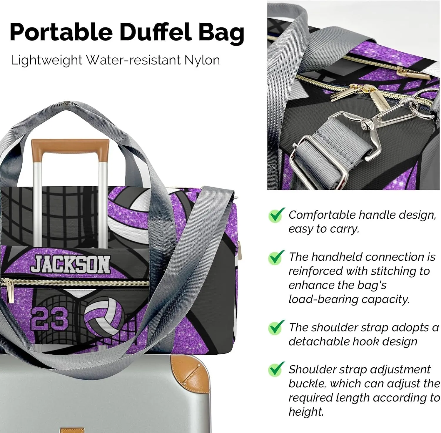 Custom MultiFunction Gym Volleyball Player Purple Number Gym Duffel Bag – Travel Bag for Women and Men,Sports Gym Bag,Weekender Bag,Overnight Bag,Travel Tote Bags for Sports Workout with Name