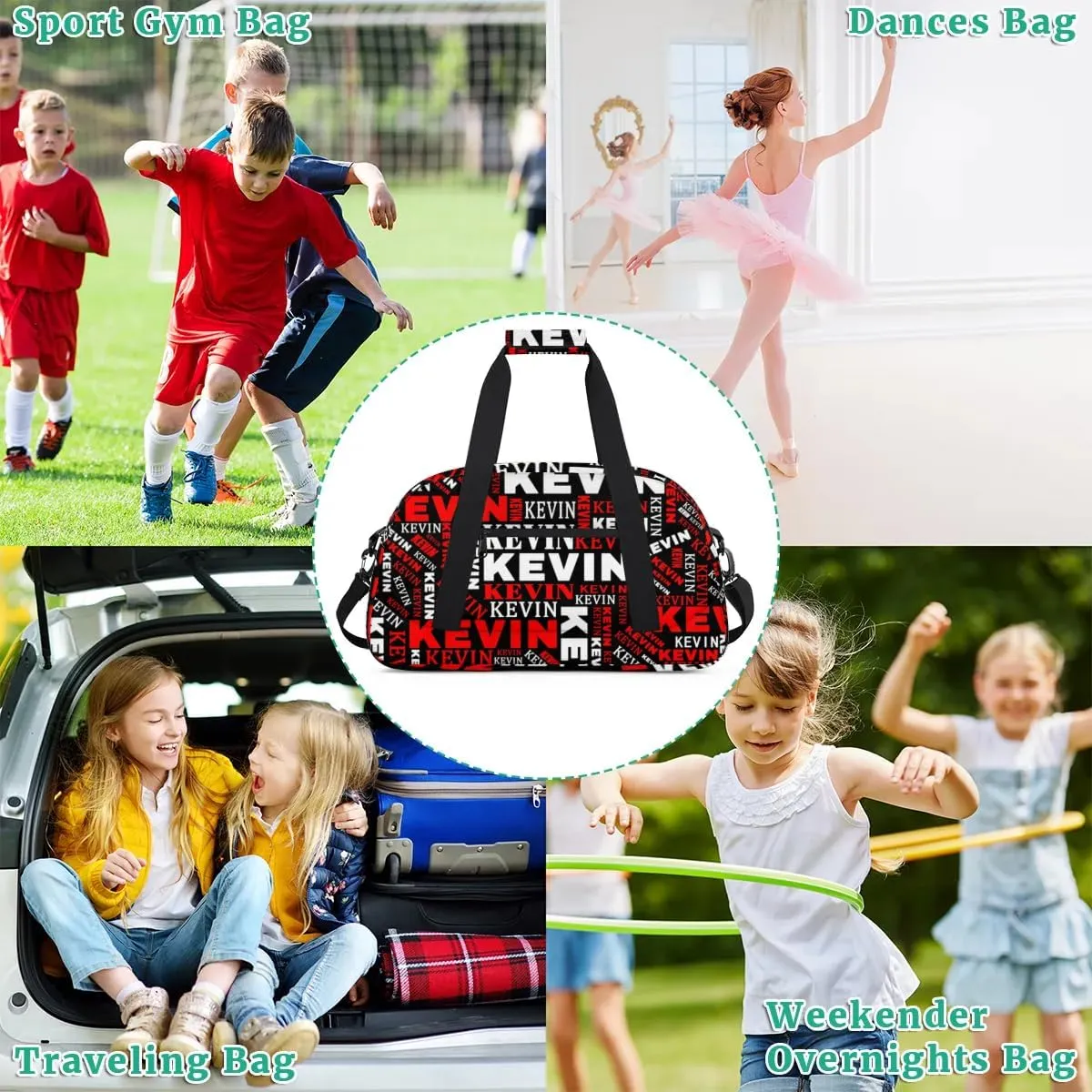 Custom Name Kids Gym Bag - Sport Duffel Bag for Boys - Personalized Dance Duffel Bags for Girls - Customize Travel Overnight Weekender Bag Carry on Tote for Airplane Swim, Black Red