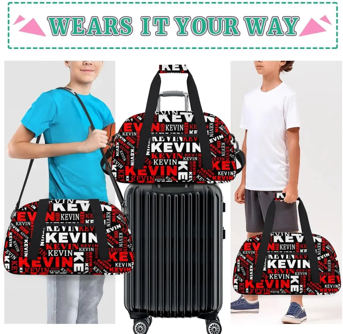 Custom Name Kids Gym Bag - Sport Duffel Bag for Boys - Personalized Dance Duffel Bags for Girls - Customize Travel Overnight Weekender Bag Carry on Tote for Airplane Swim, Black Red
