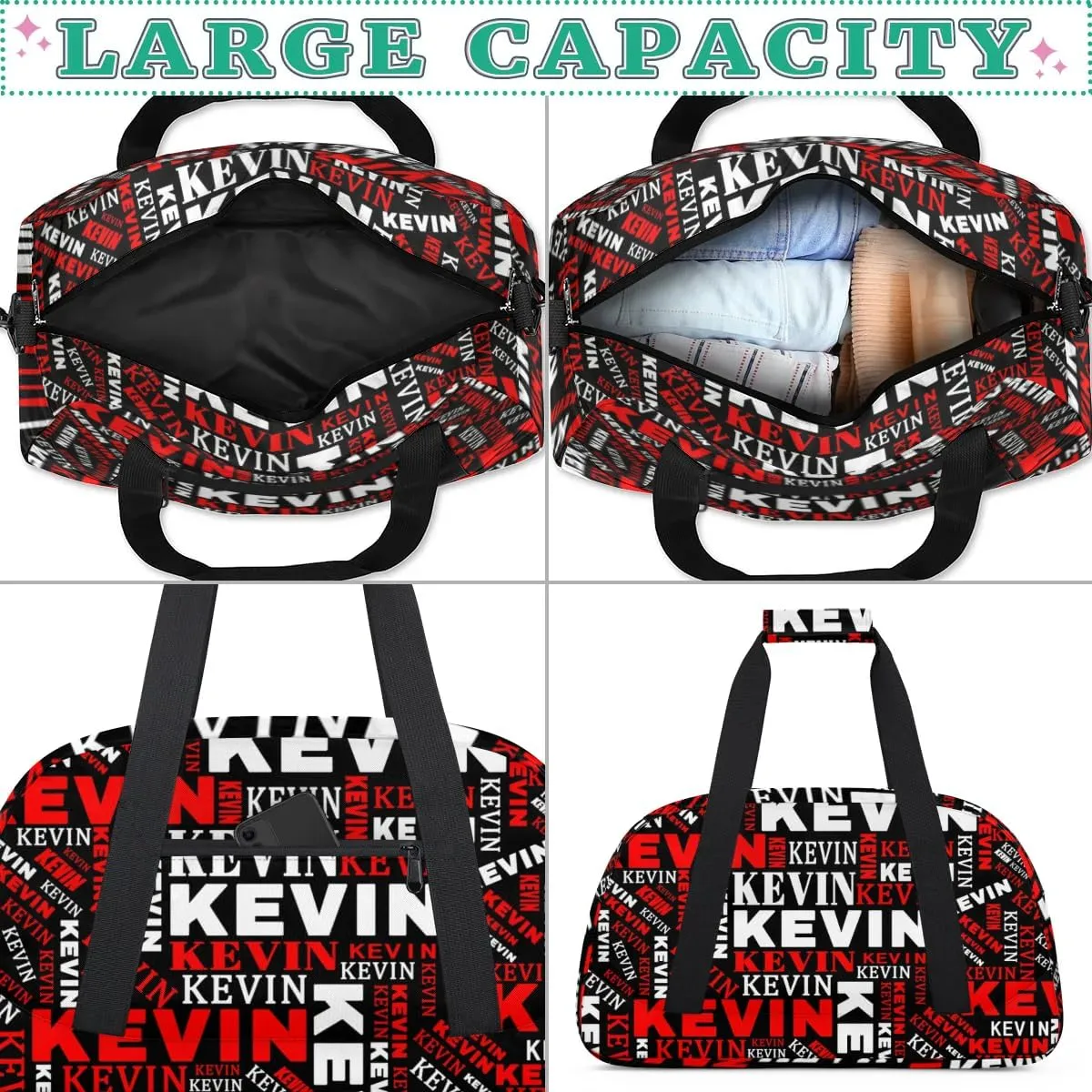 Custom Name Kids Gym Bag - Sport Duffel Bag for Boys - Personalized Dance Duffel Bags for Girls - Customize Travel Overnight Weekender Bag Carry on Tote for Airplane Swim, Black Red