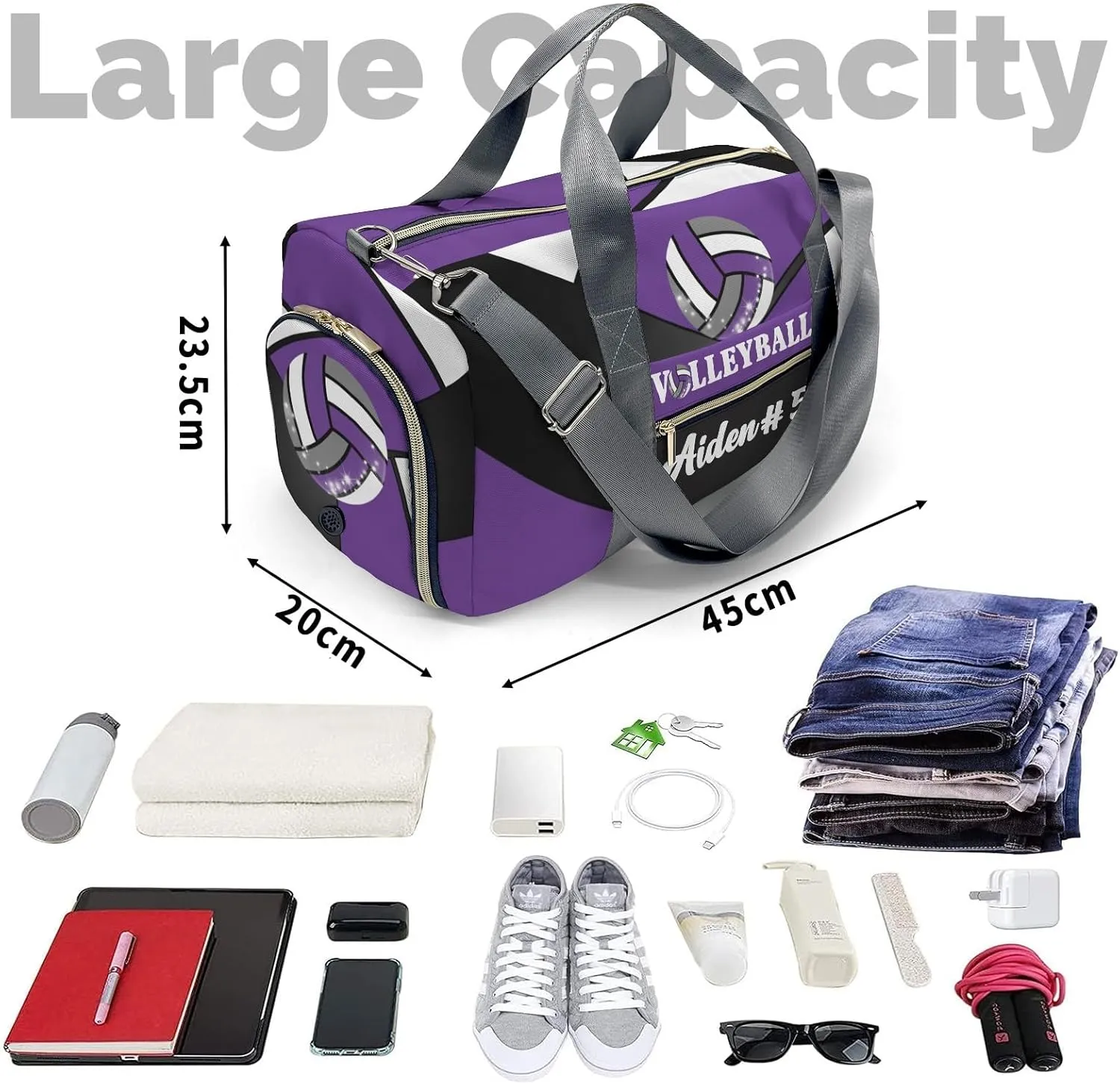 Custom Purple Volleyball Duffel Bag with Name Child Kids Adjustable Shoulder Strap Travel Bag for Boys Girls Teens