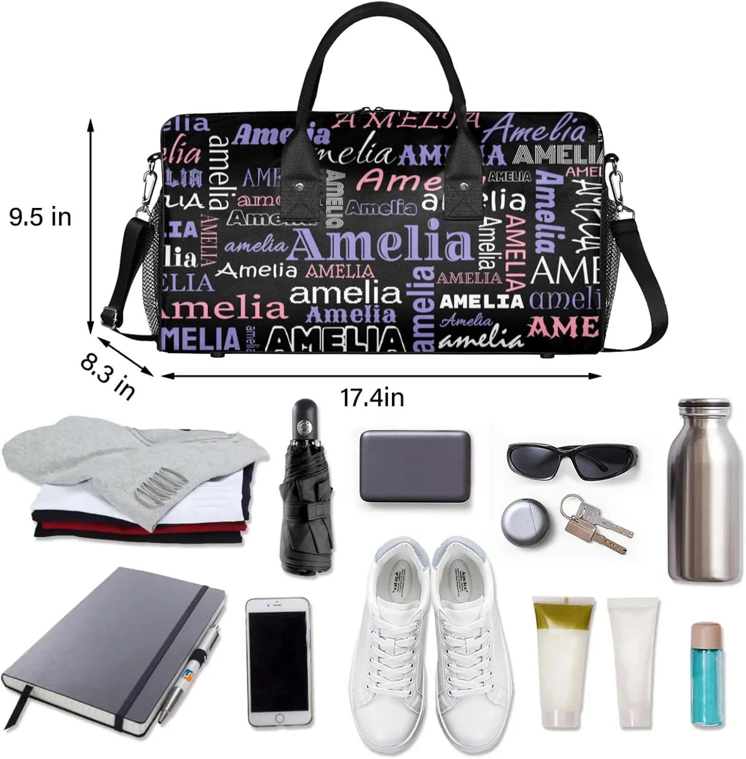Custom Sports Duffel Bag with Name Personalized Gymnastics Bag for Women Men Dance Ballet Bag Travel Duffels Lightweight 17.4in, Black Pink