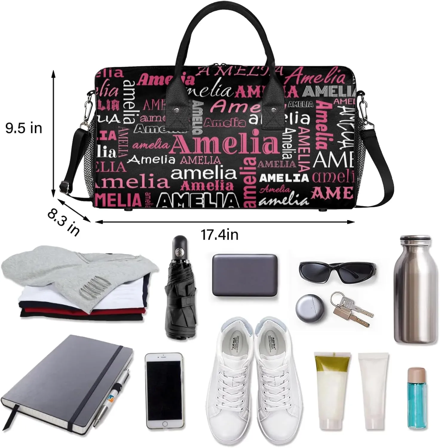 Custom Sports Duffel Bag with Name Personalized Gymnastics Bag for Women Men Dance Ballet Bag Travel Duffels Lightweight 17.4in, Black