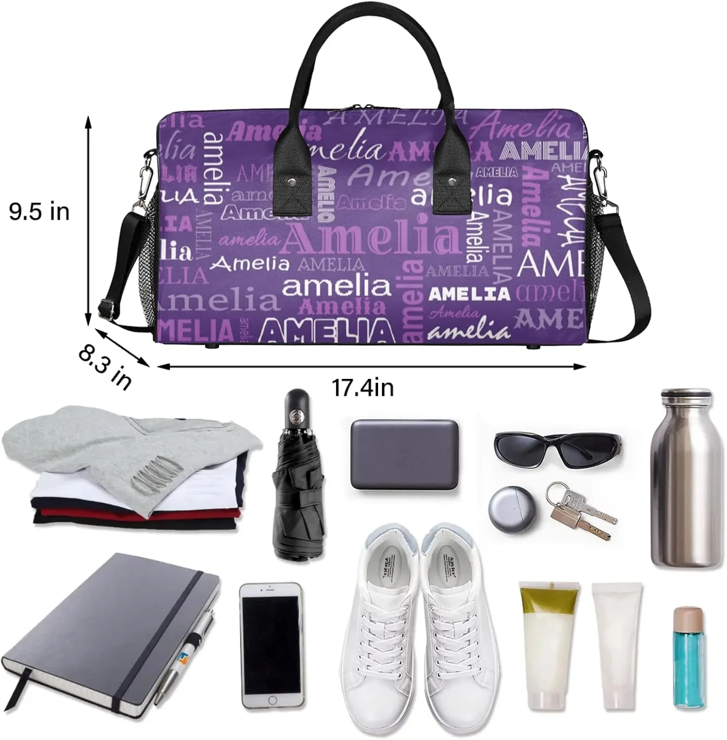 Custom Sports Duffel Bag with Name Personalized Gymnastics Bag for Women Men Dance Ballet Bag Travel Duffels Lightweight 17.4in, Dark Purple