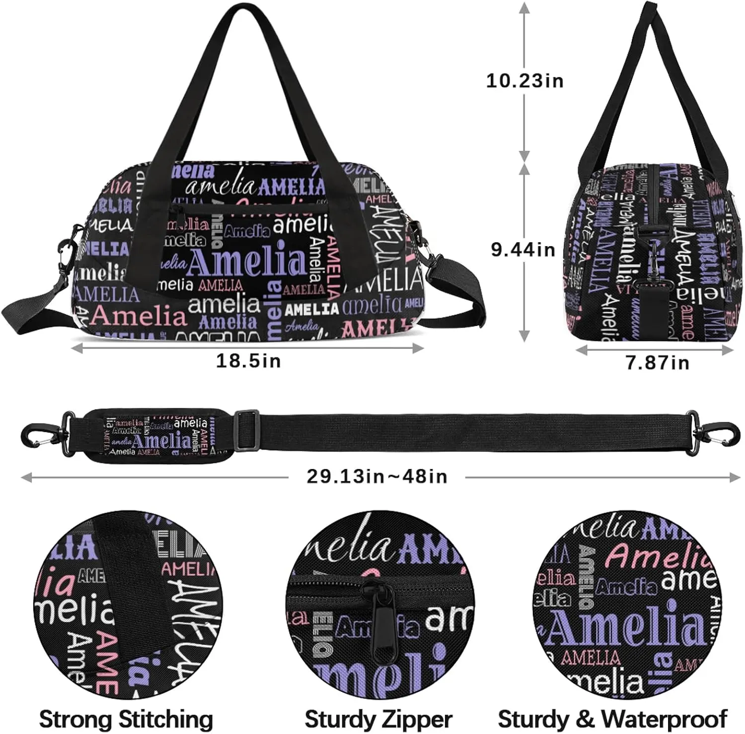 Custom Sports Duffel Bag with Name Personalized Gymnastics Bag for Women Men Dance Ballet Bag Travel Duffels Lightweight 18.5in, Black Pink