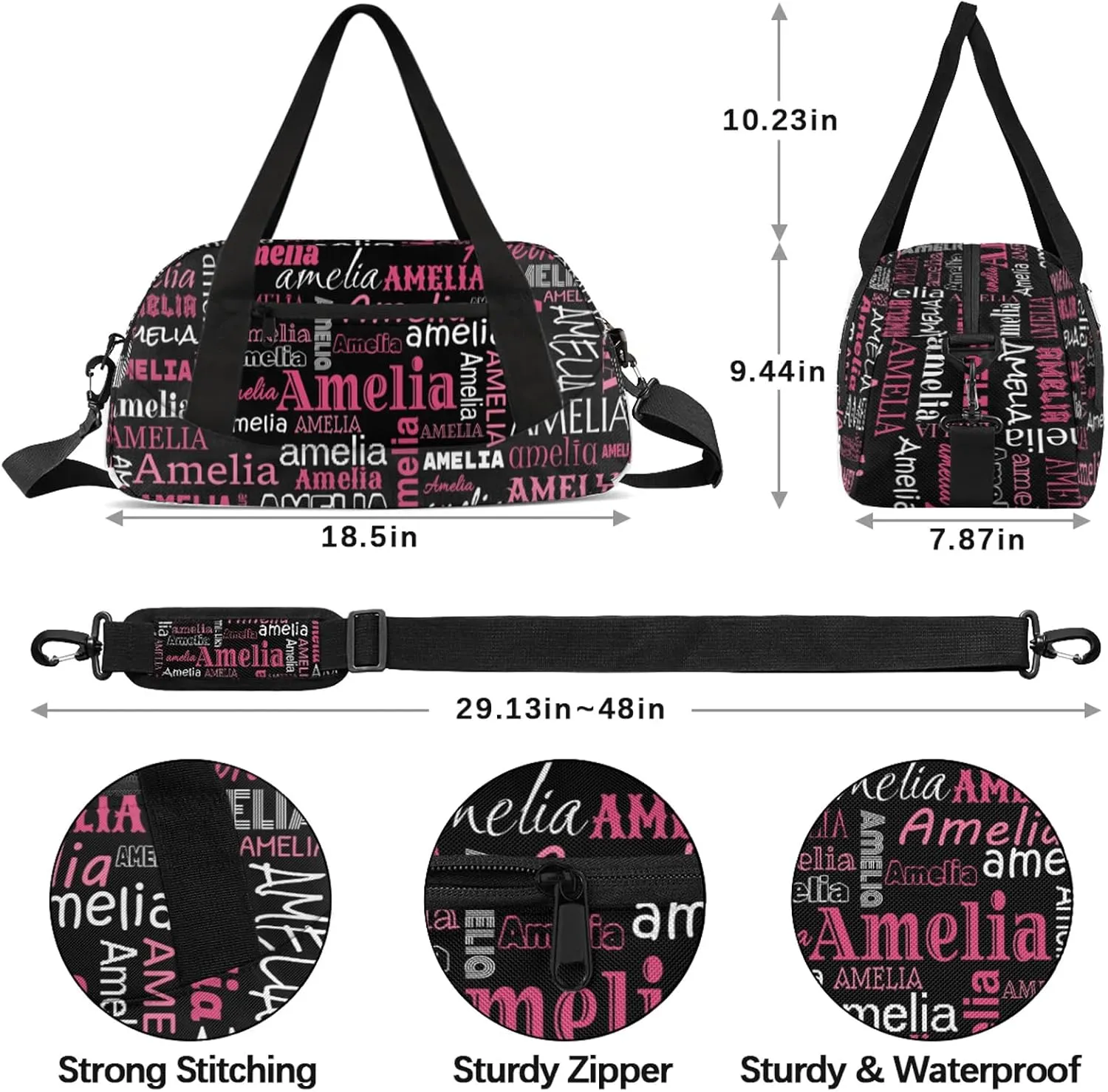 Custom Sports Duffel Bag with Name Personalized Gymnastics Bag for Women Men Dance Ballet Bag Travel Duffels Lightweight 18.5in, Black