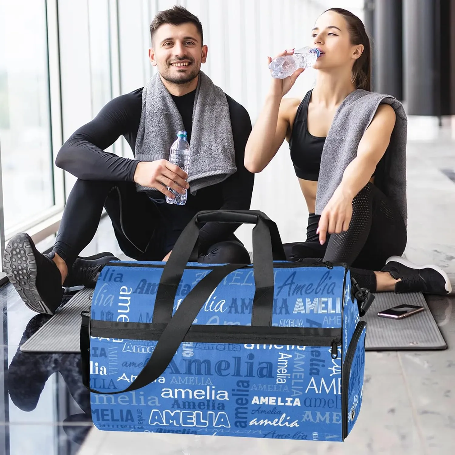 Custom Sports Duffel Bag with Name Personalized Gymnastics Bag with Shoes Compartment for Women Dance Ballet Bag Travel Duffels Lightweight, Blue
