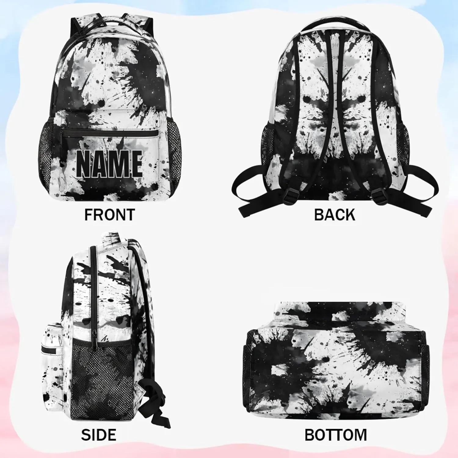Custom Tie Dye Backpack with Name Personalized Waterproof Casual Daypack Vintage Black White Customize Laptop Backpacks for Women Men