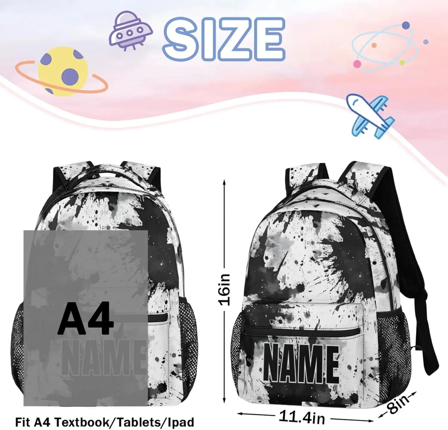 Custom Tie Dye Backpack with Name Personalized Waterproof Casual Daypack Vintage Black White Customize Laptop Backpacks for Women Men