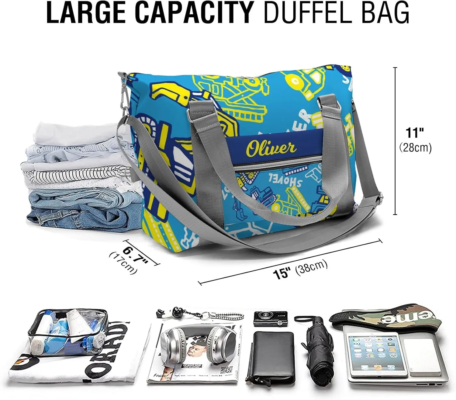 Cute Bulldozer Car Truck Personalized Kids Duffel Swim Bag for Boys,Customized Swim Duffle Bag for Boys Man Kids Gifts