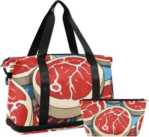 Cute Cartoon Food Steak Red Luggage Travel Bag Gym Sports Carry with Toiletry Bag for Travel Large Capacity