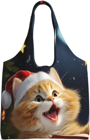 Cute Cat Sing Christmas Carols Canvas Tote Bag Reusable Grocery Bags Shopping Bags Large Canvas Bags with Handles
