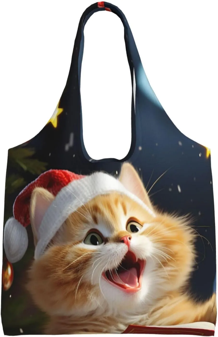 Cute Cat Sing Christmas Carols Canvas Tote Bag Reusable Grocery Bags Shopping Bags Large Canvas Bags with Handles